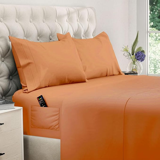 DREAMCARE Queen Size Sheets - Cooling Bed Sheets - 4pcs Set - up to 15" Deep Pocket Queen Sheet Set - Sheets Queen Size Bed - Soft & Long Lasting 100% Fine Brushed Polyester with Side Pocket Terracota