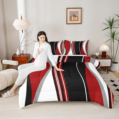 Erosebridal Red and Black Striped King Bedding Set Grey Modern Abstract Comforter Set for Adult Women Men Geometric Stripes Lines Bed Collections Contemporary Art Boho Duvet Quilt Sets for Minimalist