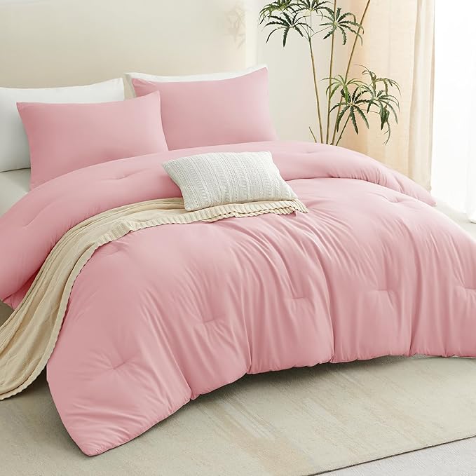 CozyLux King Size Comforter Set Pink, 3 Pieces Solid Comforters King Size Breathable Quilted Bedding Sets, Luxury Soft Lightweight Bed Set with Down Alternative Comforter and 2 Pillowcases All Season