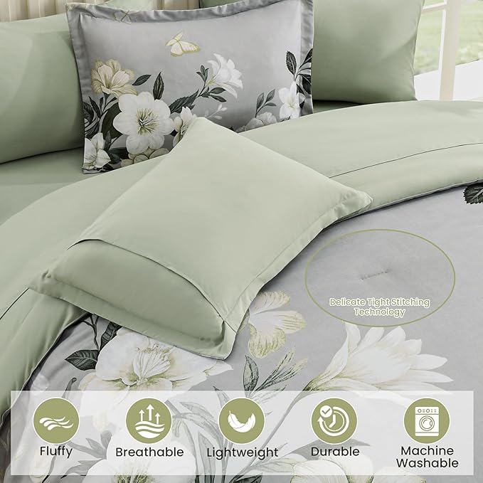 King Size Comforter Set - 7 Pieces Floral Comforter Set, Elegant Sage Green Flower Bed in a Bag King Soft Microfiber Bedding Set for All Seasons (Sage Green,104"x90")