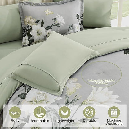 King Size Comforter Set - 7 Pieces Floral Comforter Set, Elegant Sage Green Flower Bed in a Bag King Soft Microfiber Bedding Set for All Seasons (Sage Green,104"x90")
