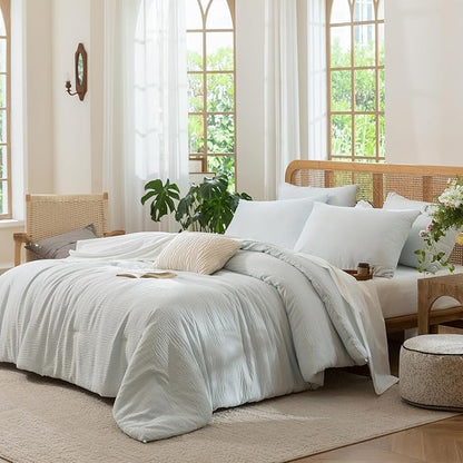 King Comforter Set Glacier Blue, 3 Pieces Double-Layer Crinkle Gauze Soft Bedding for All-Season Lightweight Warmth with 2 Pillowcases
