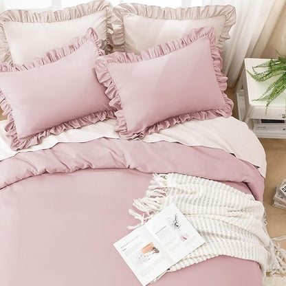Litanika Grayish Pink Full Size Comforter Sets, 3 Pieces Ruffle Farmhouse Aesthetic Bedding Comforter Sets, All Season Soft Lightweight Fluffy Microfiber Bed Set(79x90In Comforter, 2 Pillowcases)