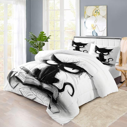 Cute Black Cat Comforter Set Twin Size Cute Pet Bedding Set Boys Girls White and Black Comforter Cartoon Cat Quilt Animal Bedroom Decor Kawaii Animal Print Bedding Boys Kids