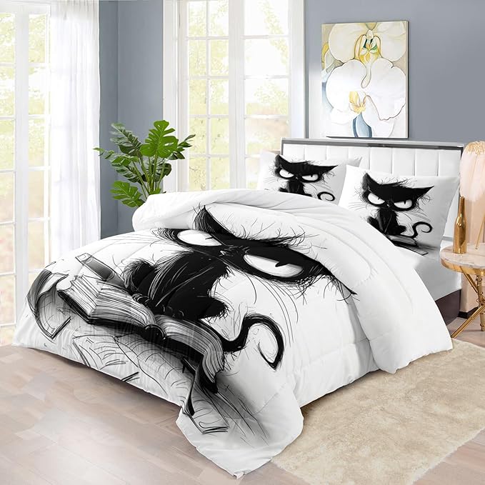 Cute Black Cat Comforter Set Full Size Cute Pet Bedding Set Boys Girls White and Black Comforter Cartoon Cat Quilt Animal Bedroom Decor Kawaii Animal Print Bedding Boys Kids