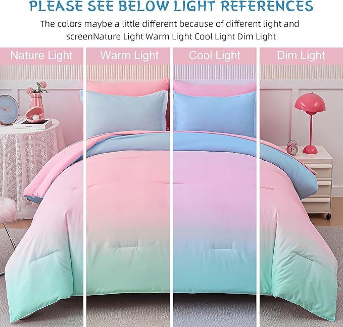 Drucon Comforter Set Twin for Teen Girl & Women, 6 Pieces Bed in A Bag Gradient Pink Green Bedding Set (1 Comforter, 1 Flat Sheet, 1 Fitted Sheet, 1 Pillow sham, 2 Pillowcases)