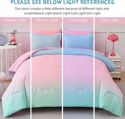 Drucon Comforter Set Queen Size for Teen Girl & Women,7 Pieces Bed in A Bag Gradient Pink Green Bedding Set (1 Comforter, 1 Flat Sheet, 1 Fitted Sheet, 2 Pillow Shams, 2 Pillowcases)
