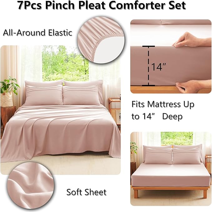 CozyLux Queen Comforter Set Pink, 7 Pieces Soft Pinch Pleat Bed in a Bag Queen Comforter Set with Sheets, Boho Bed Set with Down Alternative Comforter, Sheets, Pillowcases & Shams