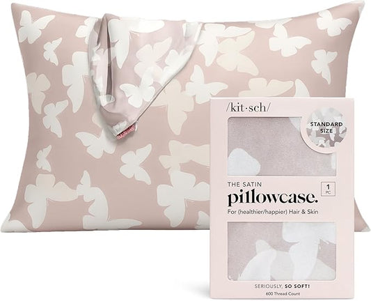 Kitsch Satin Pillowcase with Zipper for Hair & Skin - Softer Than Silk Pillow Cases, Cooling Satin Pillow Case, Wrinkle-Free, Machine Washable, Pillow Cases Standard Size 19x26 - Champagne Butterfly