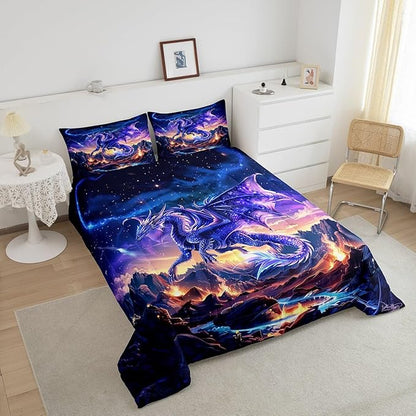 Dragon Comforter Set Full Size,Magical Animals Bedding Set 3Pcs,Kids Girls Boys Teens Room Decor,Starry Sky and Flame Mountain Quilt Set Purple Western Wildlife Theme Duvet Insert,2 Pillowcases