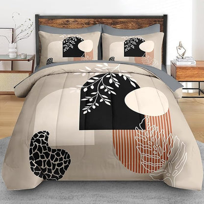 Comforter Set Queen Size, Boho Summer Vintage 7 Pcs Bedding for Kids and Adults, Bohemian Sun Earth Geometric Bed Sheet Sets with Fitted Sheet 2 Pillowcase & 2 Sham for Bedroom Bed Decor