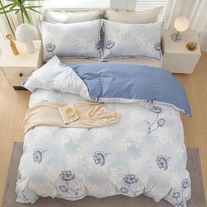 OAITE Duvet Cover Set Twin Size Floral Pattern 500 Thread Count Ultra Soft 100% Cotton Duvet Cover Sets 3-PC, Breathable Duvet Cover with Zipper Closure & Corner Ties