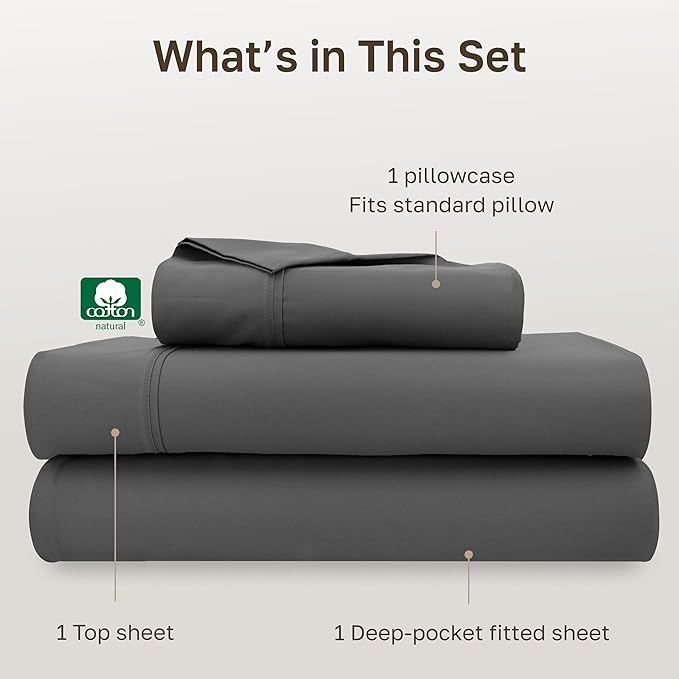 California Design Den Soft Twin Sheets Set - 400 Thread Count Sateen, Natural 100% Cotton Sheets, Deep Pockets, and Durable Bedding Set for Dorm Rooms & Adults - Grey