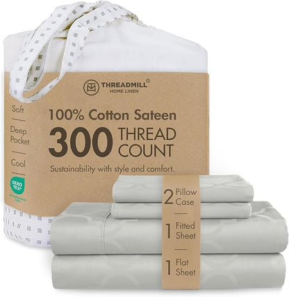 Threadmill Cotton Queen Sheet Set | 100% Cotton Sheets for Queen Size Bed | Damask Jacquard Queen Bed Sheets Set with 16” Deep Pocket | Soft Sateen Weave 4-Piece Cooling Bedding Set | Light Grey