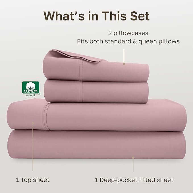 California Design Den Natural 100% Cotton Sheets Queen Size Set - 400 Thread Count Sateen, Deep Pocket Queen Bed Sheet Set with All Around Elastic, Soft, Durable Bedding - Mauve