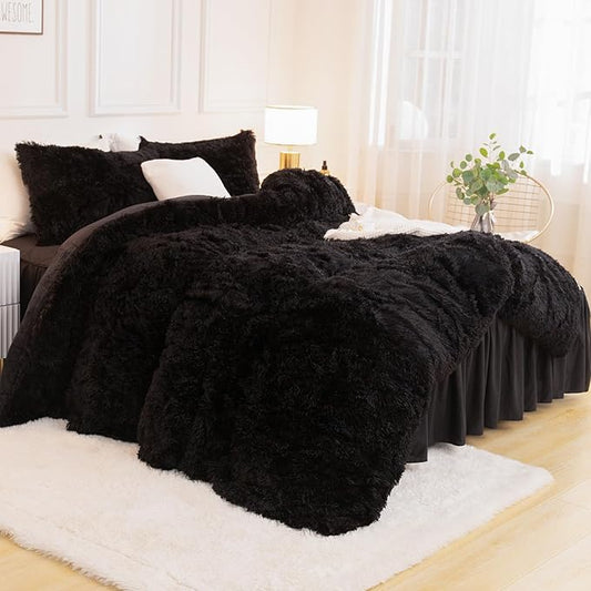 Andency Comforter Full Size Set Black, Fluffy Winter Faux Fur Warm Soft Plush Bedding Comforter Set (1 Velvet Comforter & 2 Pillowcases), Fuzzy Thick Heavy Puffy Comforters Bed Set