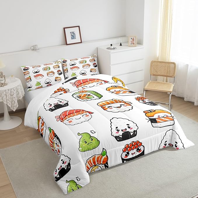 Feelyou Sushi Pattern Comforter Set Japanese-Style Bedding Set for Kids Boys Girls Teens Food Theme Comforter Cute Cartoon Japanese Sushi Duvet Set Room Decor Quilt Set Full Size Microfiber