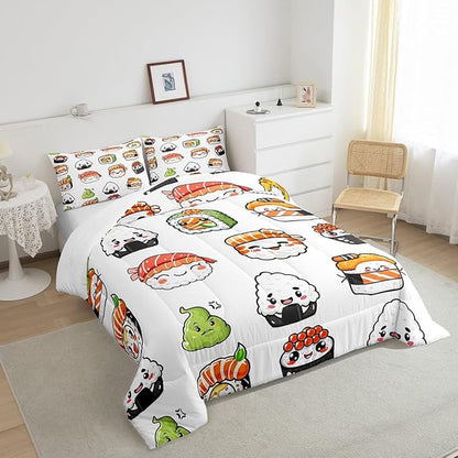Feelyou Sushi Pattern Comforter Set Japanese-Style Bedding Set for Kids Boys Girls Teens Food Theme Comforter Cute Cartoon Japanese Sushi Duvet Set Room Decor Quilt Set Full Size Microfiber