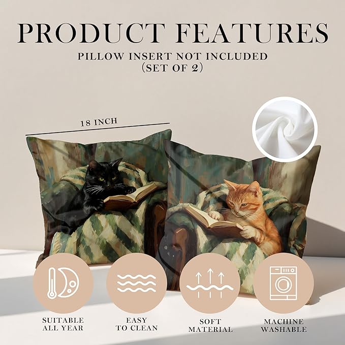 Funny Cat Reader Book Throw Pillow Cover 18 x 18 Set of 2, Gifts for Book Lovers, Reading Nook Corner Decor, Preppy Floral Black Orange Tabby Tuxedo Cats Bookish Pillowcase（04）