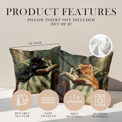 Funny Cat Reader Book Throw Pillow Cover 18 x 18 Set of 2, Gifts for Book Lovers, Reading Nook Corner Decor, Preppy Floral Black Orange Tabby Tuxedo Cats Bookish Pillowcase（04）