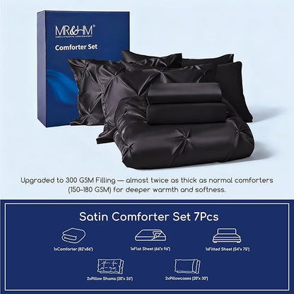 MR&HM Satin Comforter Full 7 Pieces - Luxurious Pinch Pleat Bedding Set with Comforter, Flat Sheet, Fitted Sheet, Pillowcases & Shams, Super Silky Soft Bed Set for All Season (Full, Black)