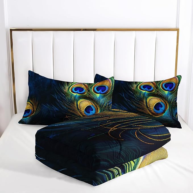 Peacock Feather Queen Bedding Set - Boho Comforter for Girls, Bohemian Gothic Decor, Western Hippie Animal Print Black