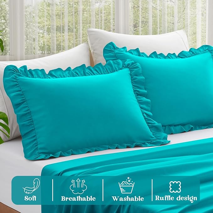 KKJIAF Ruffle Pillow Cases Queen Size Set of 2, Ruffled Pillow Covers with Envelope Closure, Wrinkle Resistant Ruffled Pillow Shams 20" x 30", Teal