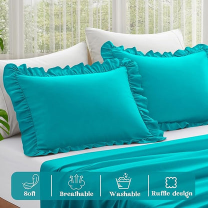 KKJIAF Ruffle Pillow Cases King Size Set of 2, Ruffled Pillow Covers with Envelope Closure, Wrinkle Resistant Ruffled Pillow Shams 20" x 36", Teal