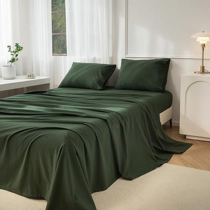 JIYUAN Queen Size Sheet Set, 4-Piece - 100% Washed Cotton, Linen-Like Soft & Breathable, Includes Deep Pocket Fitted & Flat Sheet with 2 Pillowcases, Hotel Quality, Solid Forest Green