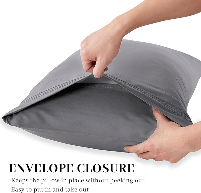 YIYEA Pillow Cases Standard Size Set of 4, Ultra Soft 1800TC Hotel Quality Double Brushed Microfiber Embroidered Pillowcases, Envelope Closure, Fade Resistant (20"x26", Medium Grey)