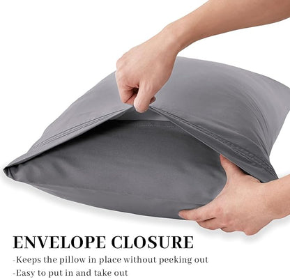 YIYEA Pillow Cases Standard Size Set of 4, Ultra Soft 1800TC Hotel Quality Double Brushed Microfiber Embroidered Pillowcases, Envelope Closure, Fade Resistant (20"x26", Medium Grey)