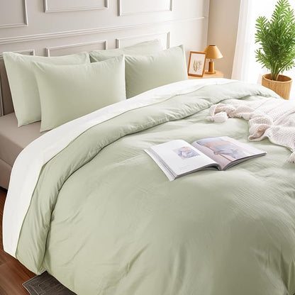 NEXHOME PRO Duvet Cover Set Queen Size Linen Feel Textured Organic Natural 100% Washed Cotton Duvet Cover 3 Pieces Bedding Set with Zipper Closure, Breathable, Soft, Mint Green (No Comforter)