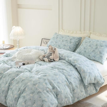 Full Floral Comforter Set - 3 Pieces Soft Bedding Garden Style Blue Botanical Flower Set for All Seasons - 1 Comforter and 2 Pillowcases (Full)