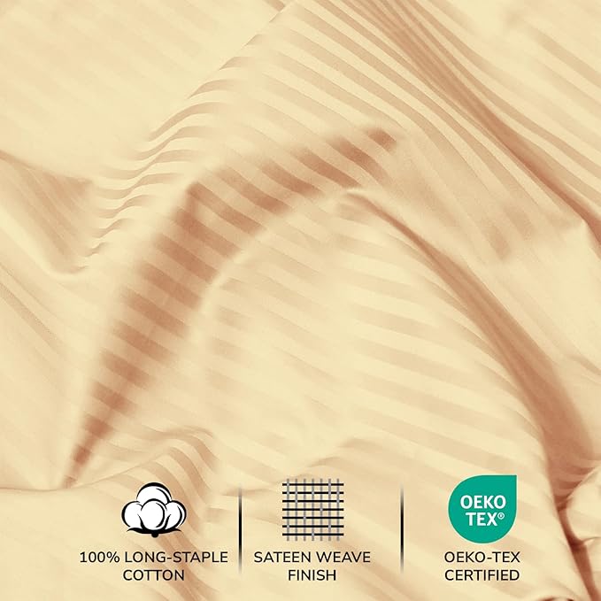 Feather & Stitch 500 TC King Size Damask Bed Sheet Set, 100% Cotton Soft Breathable Bedsheets, 4 Piece 18" Deep Pockets Sateen Weave Striped Bedding Mattress Resort Hotel Luxury- (Semolina Stripe)