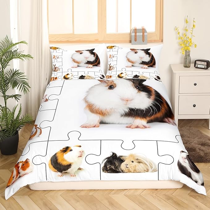 Castle Fairy Guinea Pig Duvet Cover Twin Size,Lovely Animals 3D Cavy Comforter Cover with 1 Pillowcase for Boys Girls,Cute Guinea Pigs Pet Soft Breathable Bed Cover Room Decor,No Comforter