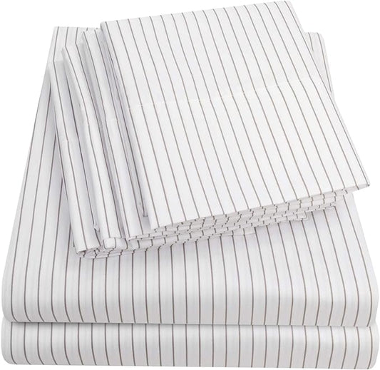 Full Size Bed Sheets - 6 Piece 1500 Supreme Collection Fine Brushed Microfiber Deep Pocket Full Sheet Set Bedding - 2 Extra Pillow Cases, Great Value, Full, Pinstripe White