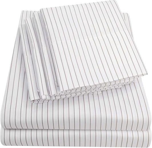 Queen Sheets Pinstripe White - 6 Piece 1500 Supreme Collection Fine Brushed Microfiber Deep Pocket Queen Sheet Set Bedding - 2 Extra Pillow Cases, Great Value, Queen, Pinstripe White