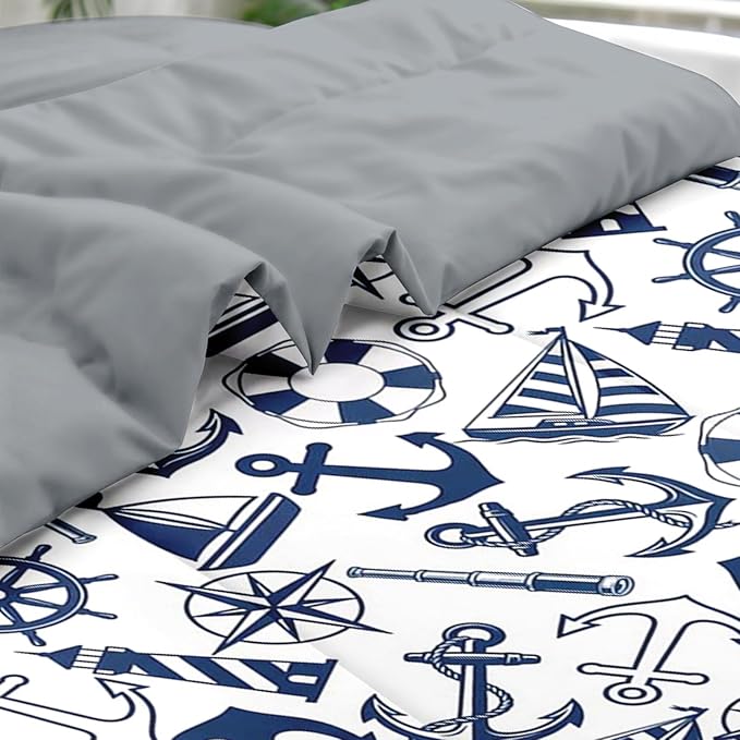 Comforter Set Twin Size, Nautical Anchors Navy Blue 5 Pcs Bedding for Kids and Adults, Retro Sailor Lighthouse Bed Sheet Sets with Fitted Sheet Pillowcase & Sham for Bedroom Bed Decor