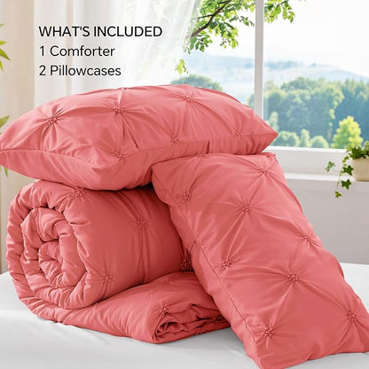 BEDELITE Coral Queen Comforter Set - 3 Pieces Boho Pintuck Bedding Comforter Sets, Lightweight Soft & Warm Bed Comforter Queen with 2 Pillowcases for All Season