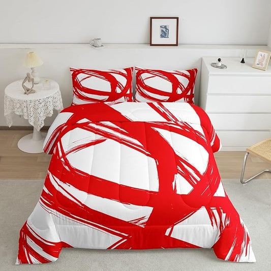 Erosebridal Red and White Abstarct Queen Comforter Set for Adult Women Men, Geometric Striped Bedding Set for Minimalists,Graffiti Aesthetic Lines Quilt,Contemporary Boho Modern Art Duvet Insert