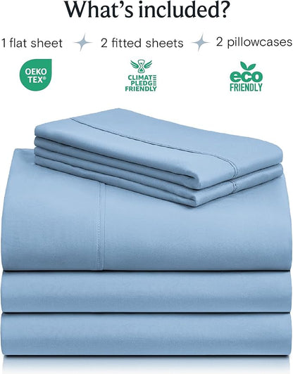 LuxClub 5 PC Split King Sheet Set, Breathable Luxury Bed Sheets, Deep Pockets 18" Eco Friendly Wrinkle Free Cooling Sheets Machine Washable Hotel Bedding Silky Soft - Sky Split King