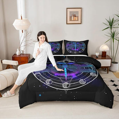 Death Dragonfly Duvet Insert Twin,Gothic Sun Moon Bedding Set for Kids Teens Boys Girls Room Decor,Galaxy Universe Comforter Set Trippy Geometric Quilted Duvet Set with 1 Pillowcase,Black Purple