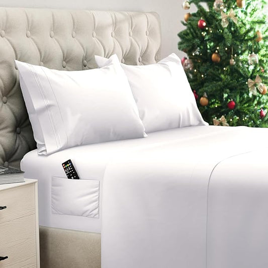DREAMCARE Queen Size Sheets - Cooling Bed Sheets - 4pcs Set - up to 15" Deep Pocket Queen Sheet Set - Sheets Queen Size Bed - Soft & Long Lasting 100% Fine Brushed Polyester with Side Pocket - White