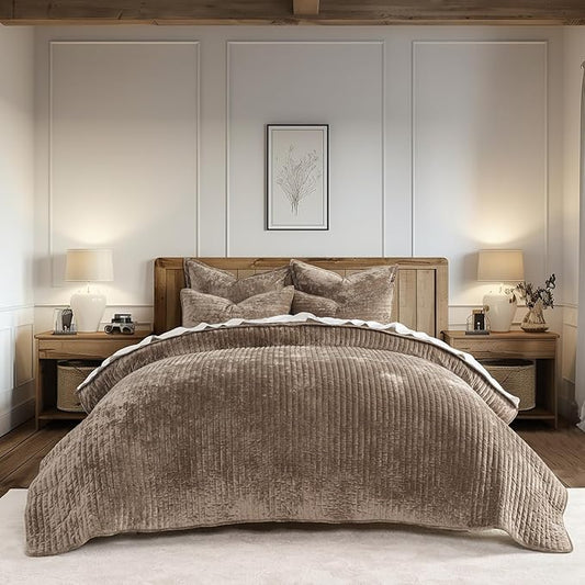 EVERGRACE Velvet Quilt Set Queen Size, Luxurious Soft Striped Channel Bedding Set, Lightweight Velvet Comforter for All Season, Oversized Bedspread Coverlet with 2 Matching Shams, Mocha Brown
