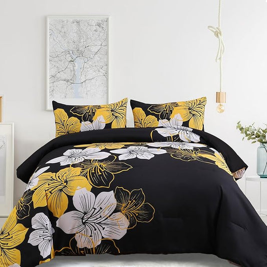 Menghomeus Full Comforter Set Black/Gold Floral Bedding Comforter Sets - Soft Microfiber Bed Comforter Set for All Season 3 Piece Botanical Flowers Comforter, Pillowcases