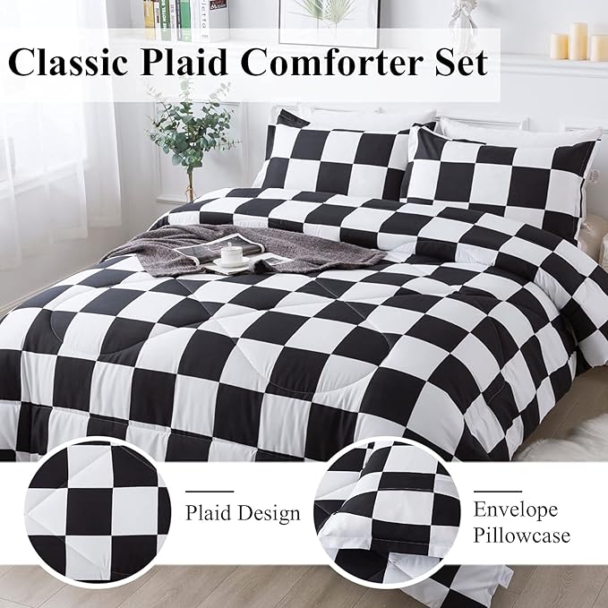 Andency Checkered Comforter Twin(66x90Inch), Black White Plaid Gingham Bed Set for Teen Boys Kids, Lightweight Polyester Geometric Preppy Bedding, 2 Pieces