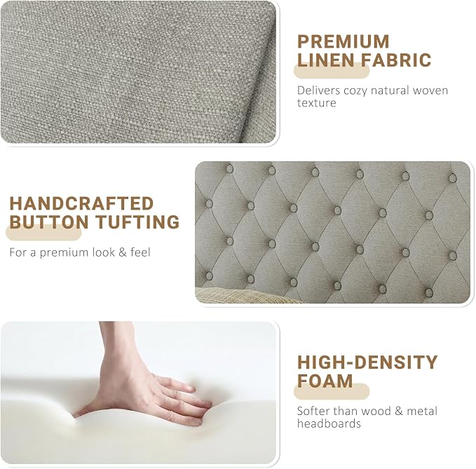 Queen Headboard Only, Linen Classic Tufted Design, Gray Linen | 2 installation options: 1.bed frame mount 2.wall mount (for adjustable bed), Classic hand-tufted headboard king size