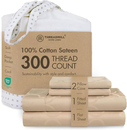 Threadmill 100% Cotton Sheets for King Size Bed | 4 Pc King Bed Sheets Set | Soft, Breathable Lightweight Damask Sateen for All-Season Use | Snug Fit Elastic Deep Pocket King Sheets | Beige
