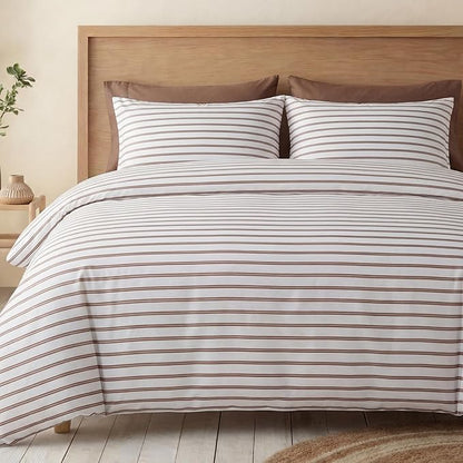 Bedbay Beige Striped Duvet Cover Set King Size, 100% Cotton Sateen Bedding, Soft & Breathable Neutral Bedding Set, Modern Farmhouse Style, 3 Pcs Striped Comforter Cover with Zipper & Corner Ties