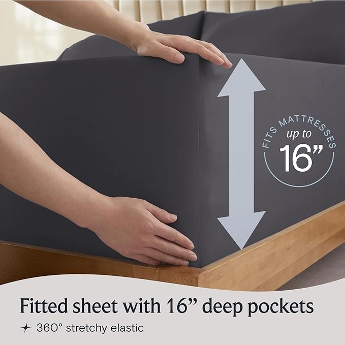LuxClub 4 PC Queen Sheet Set, Sheets Queen Size, Deep Pockets 18" Wrinkle Free Cooling Sheets Machine Washable Hotel Bedding Silky Soft - Dark Grey Queen